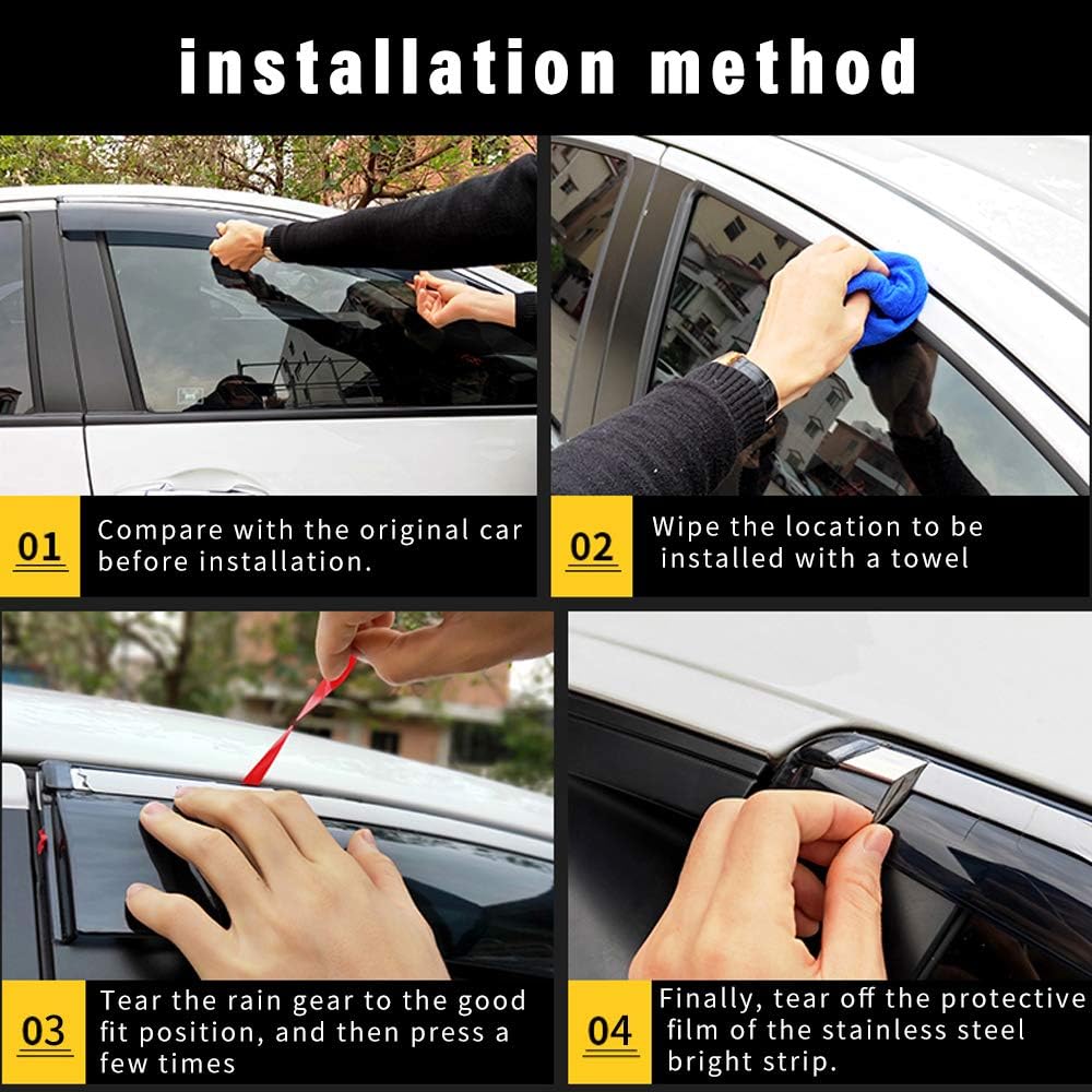 4Pcs Smoke Car Window Visors Rain Guard Tape-On Mount P614