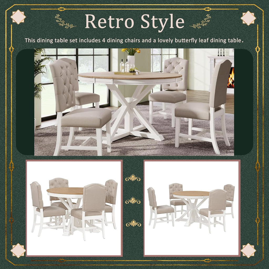Oak Natural Wood Off White 5 Piece Dining Table Set with 4 Upholstered Chairs A499