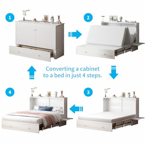 White Queen Cabinet Bed with Tri-fold Mattress C226132