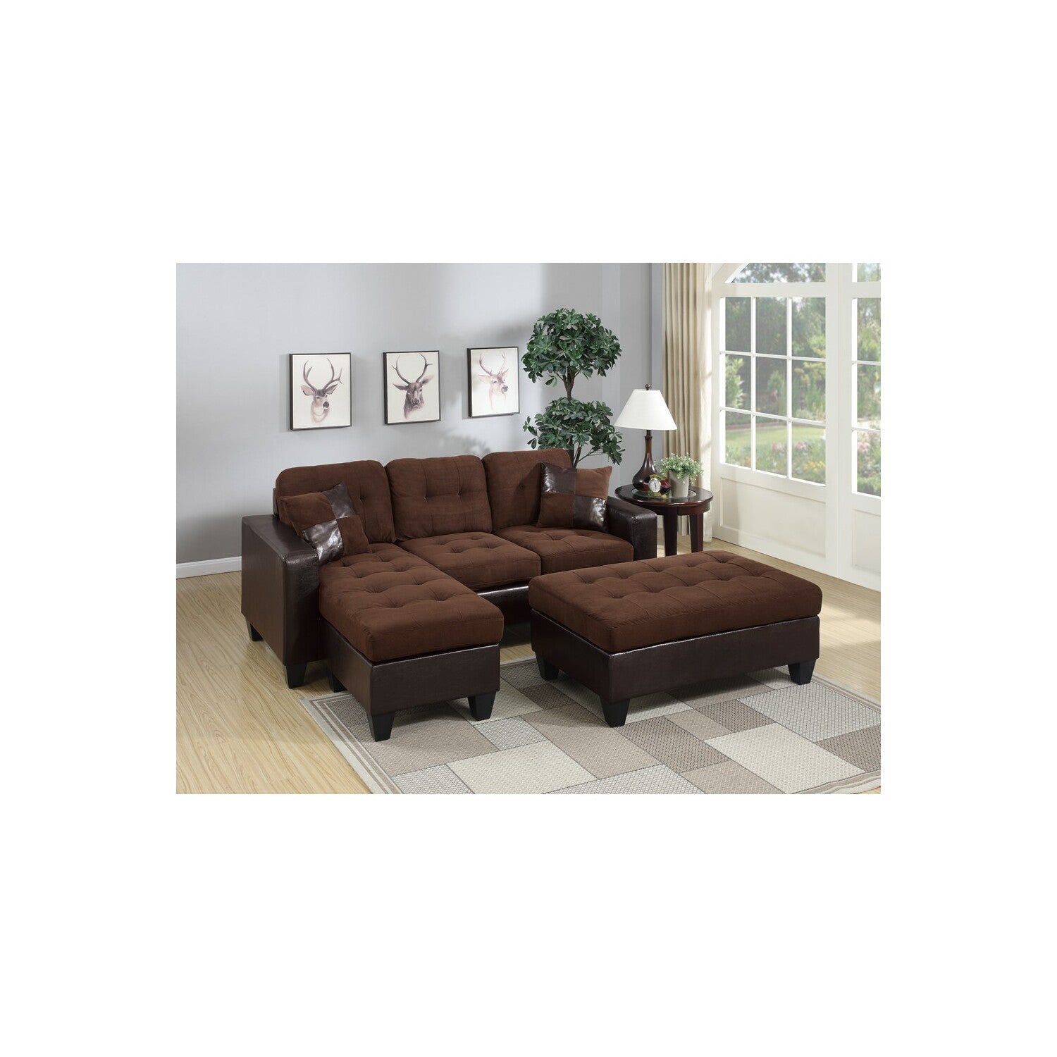 Choco Brown Suede Sectional With Ottoman And 2 Pillows A3938