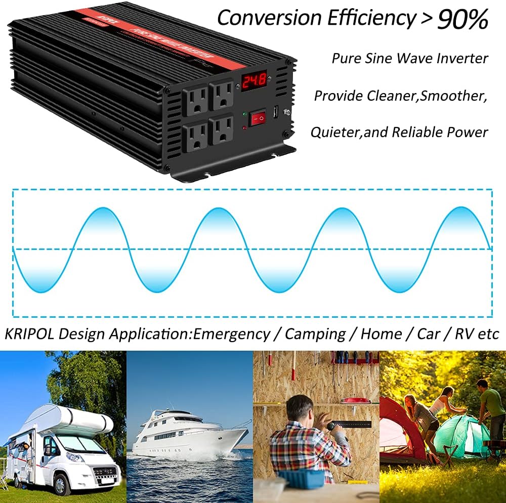 3000 Watt Pure Sine Wave Power Inverter 12V DC to 110V AC with 4 AC Outlets C75520