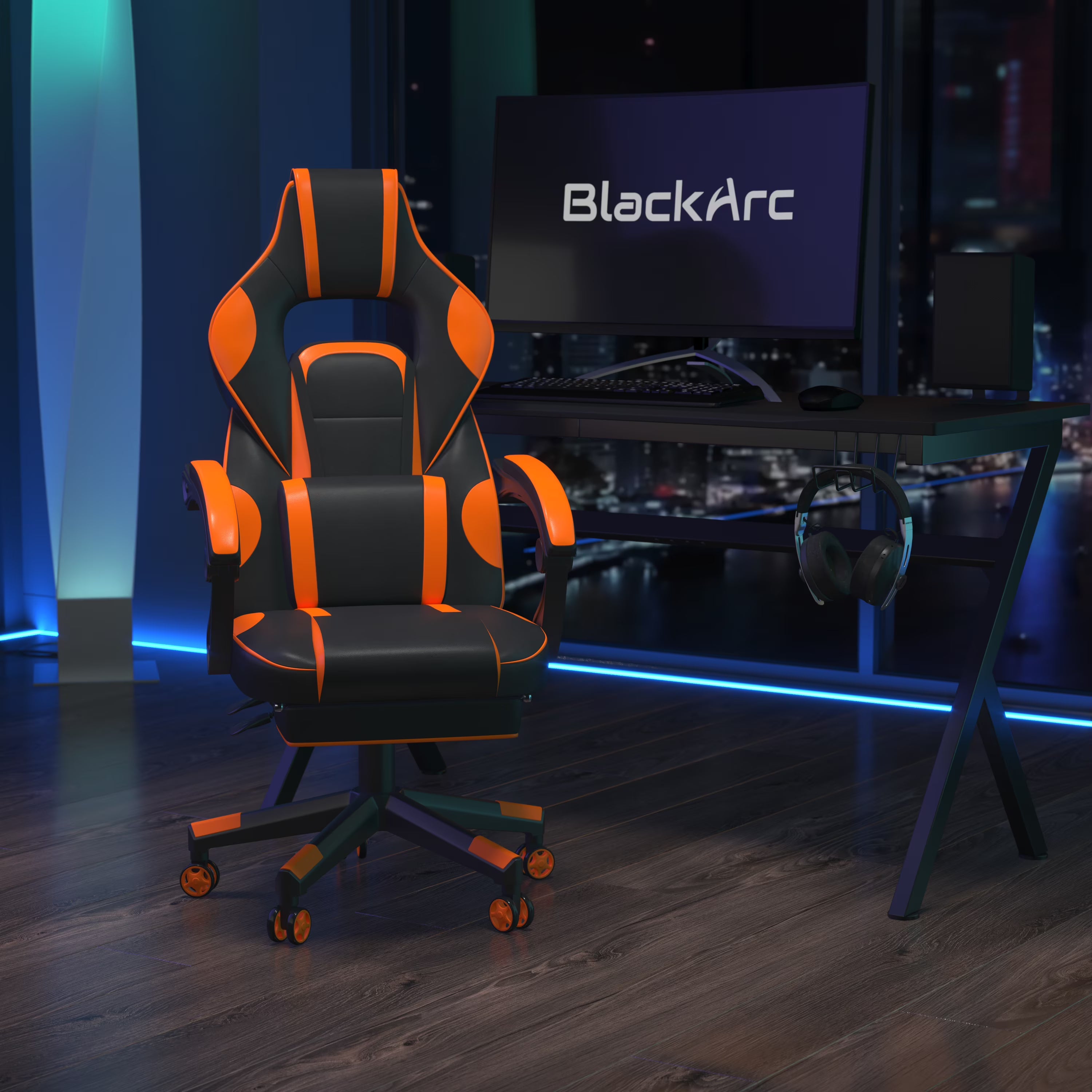 Black & Orange Gaming Chair with Footrest W29842