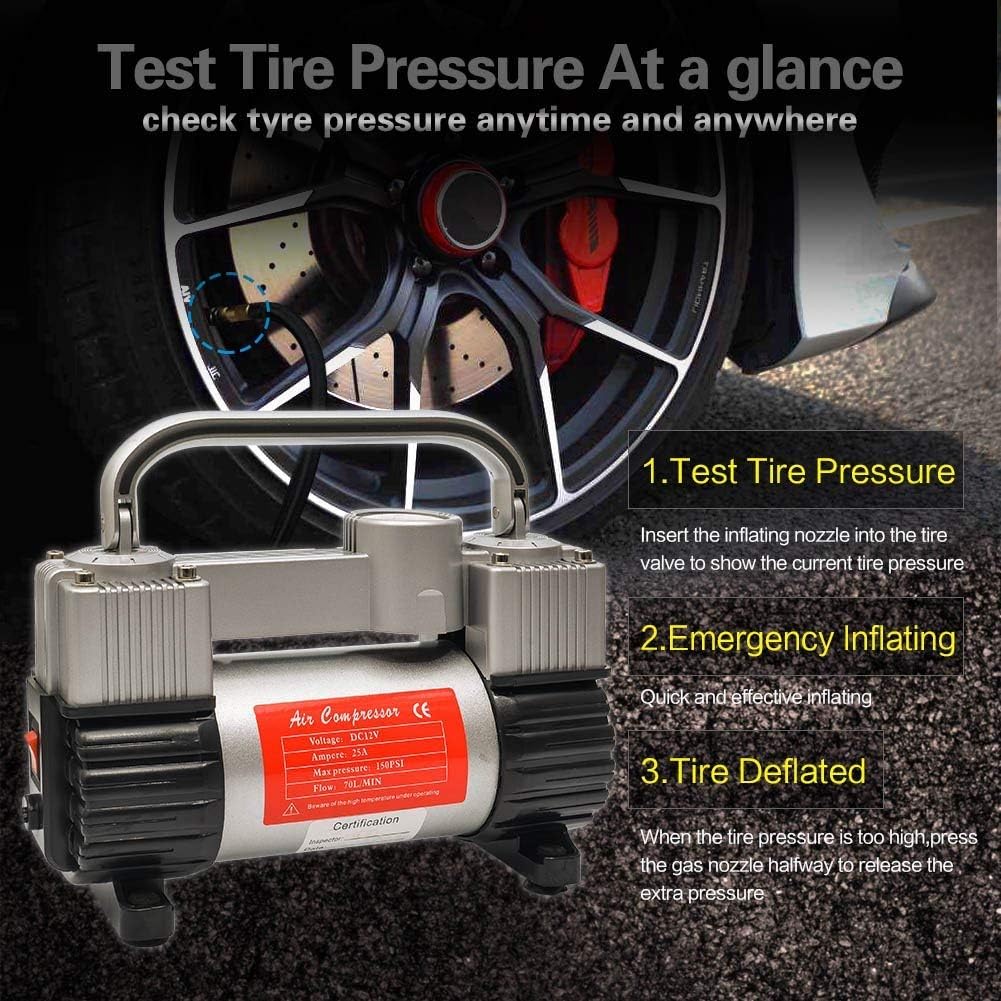 Portable Dual Cylinder 12V DC Air Compressor with 11.5ft Air Hose and Tire Repair Kit, Pack of 2 Y136702