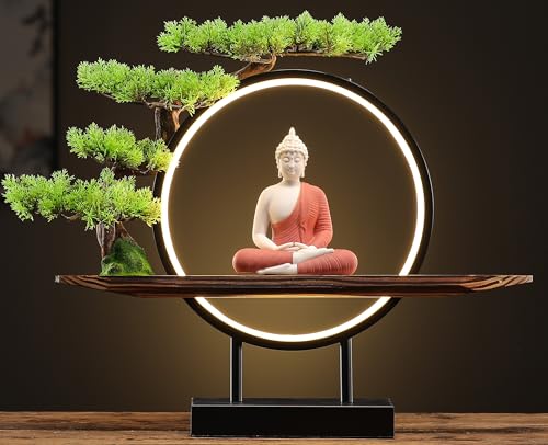 White Ceramic Buddha Statue with Green Artificial Tree and LED Circle Table Lamp, 16.5 in Q601821