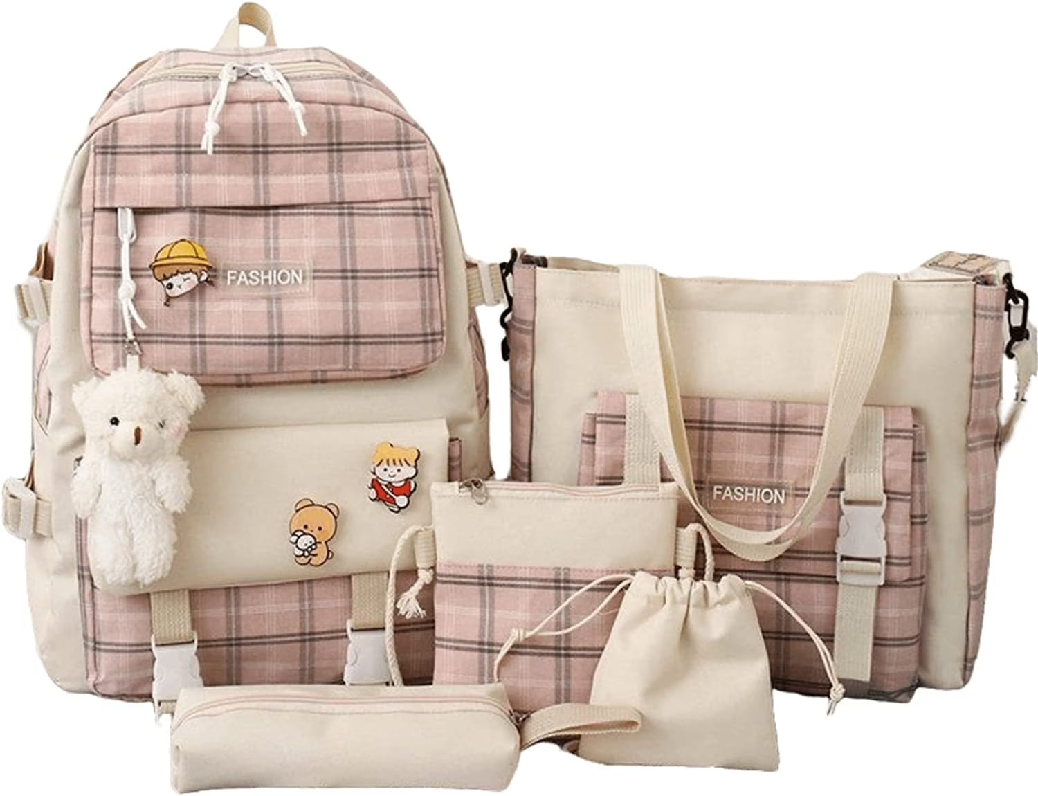 4Pcs Plaid Check Backpacks Combo Set with Bear Pendant & Pins Z9016