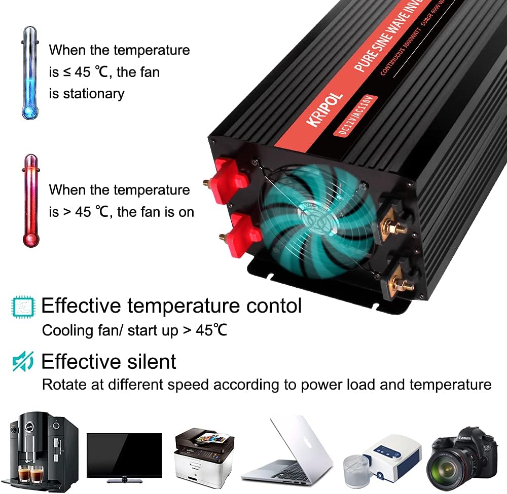 3000 Watt Pure Sine Wave Power Inverter 12V DC to 110V AC with 4 AC Outlets C75520