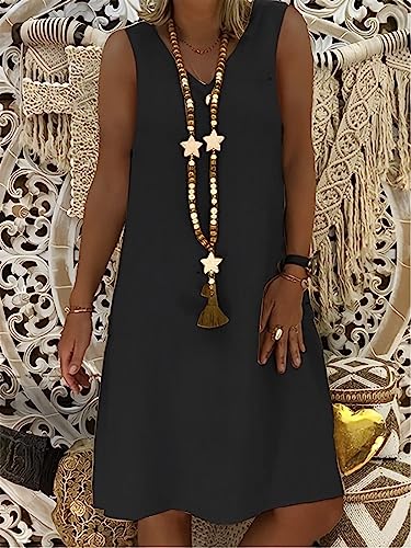 Women's Casual Summer Cotton Linen Midi Dress V Neck Sleeveless Shift Dress N8928