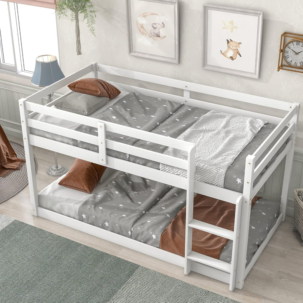 White Twin Over Twin Loft Bed Wooden Bed Frame with Safety Guardrail and Ladder I972