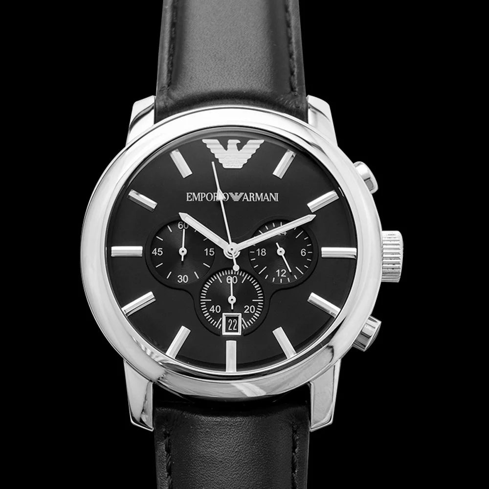 Stainless Steel Chronograph Watch with Black Leather Strap G433235
