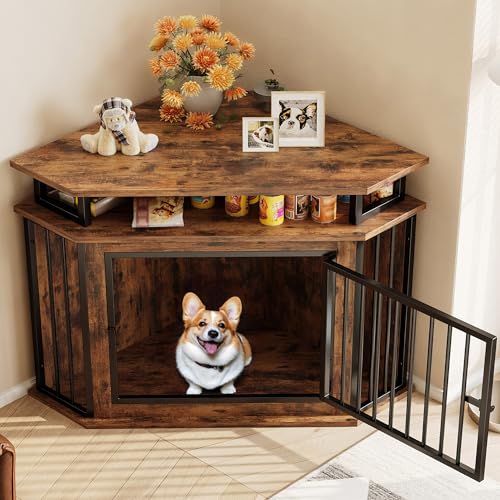 Rustic Brown Corner Wooden Dog Crate with 2-Tier Shelves O561
