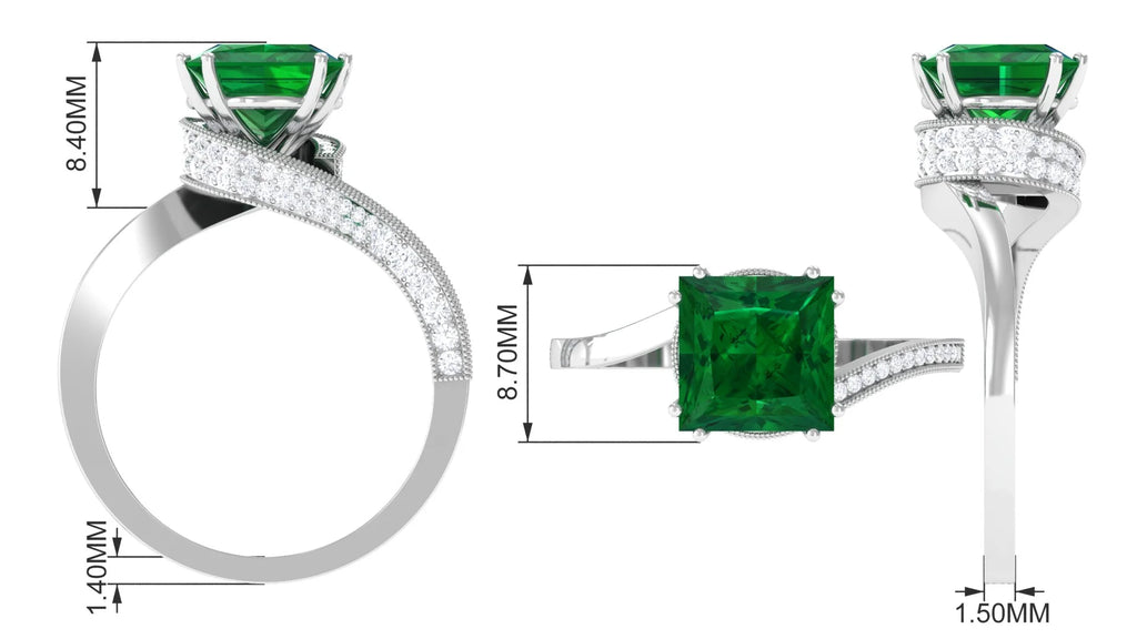 Lab Grown Emerald Solitaire Ring with Diamond, Princess Cut, 8 mm, 925 Sterling Silver, US 10.00 O603029