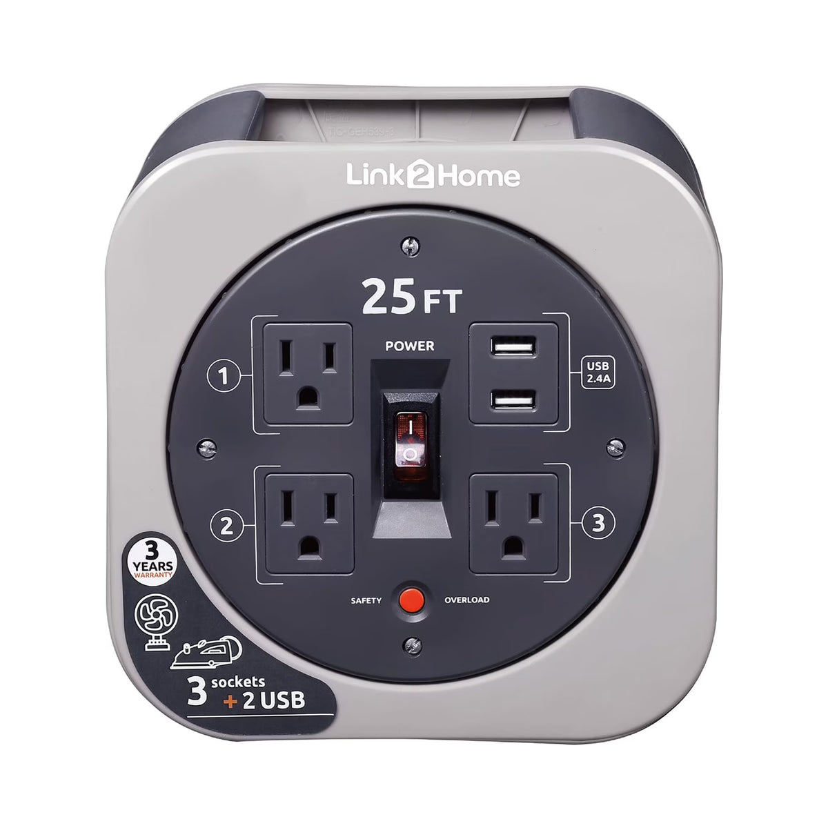 Cord Reel 25 ft Extension Cord with 3 Power Outlets and 2 USB Ports R796