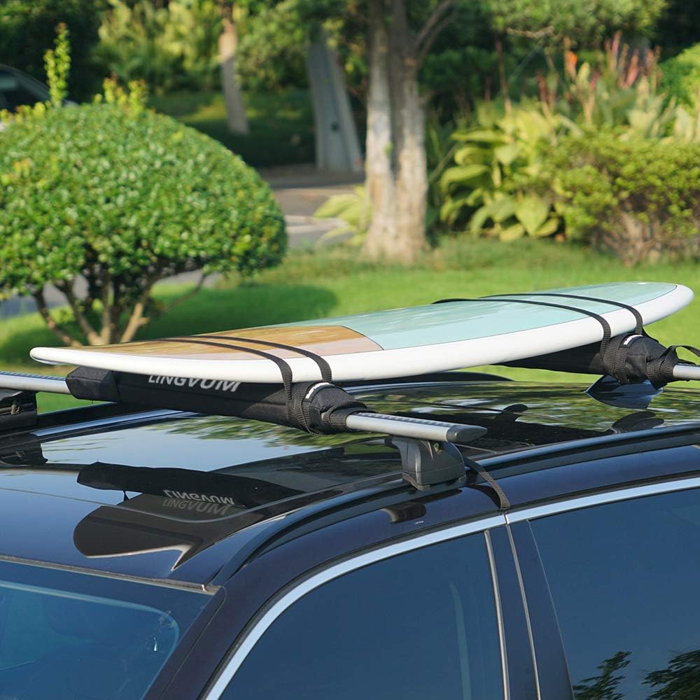 Soft Roof Rack Pads with Two 15 Ft Straps - 28” Car Carrier Racks for Kayak, Surfboard, SUP Paddleboard, Snowboard, Black Pack of 2 B33517