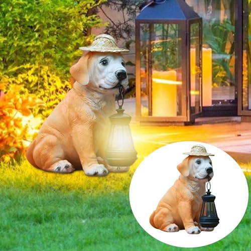 Resin Dog Statues with Straw Hat and Solar Led Lantern P543187