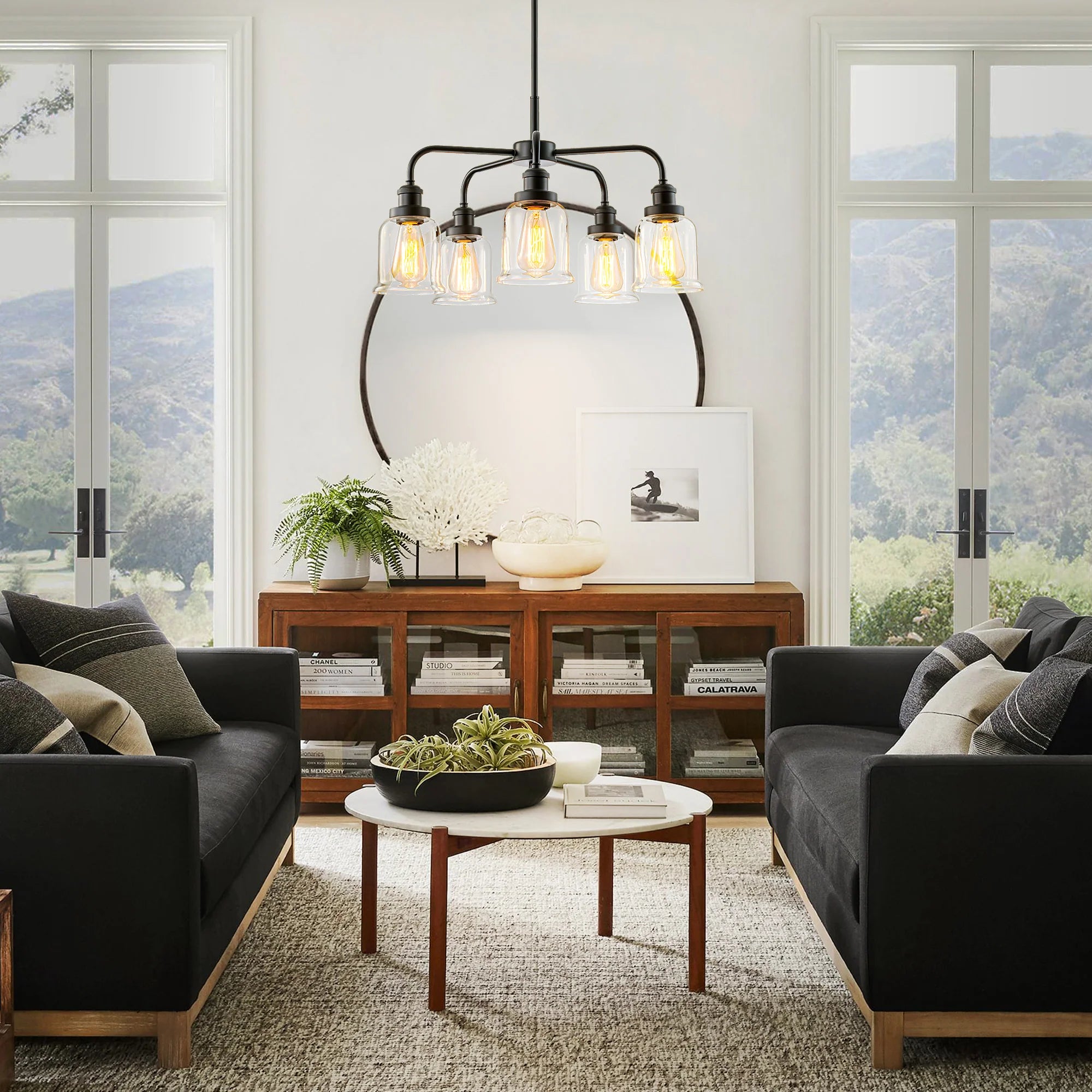 5-Light Dimmable Glass Farmhouse Chandelier J513