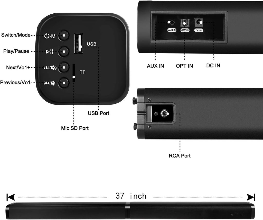 TV Sound Bar with 4 Driver Speakers, Optical/AUX/TF/USB Connection, Remote Control, Wall Mountable Y6300