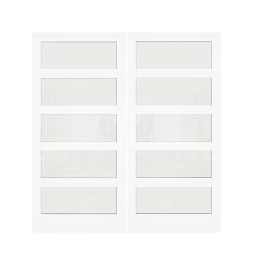 White Primed Double Sliding Pocket Door 60" x 80" with 5 Lites Tempered Frosted Glass Panels P949