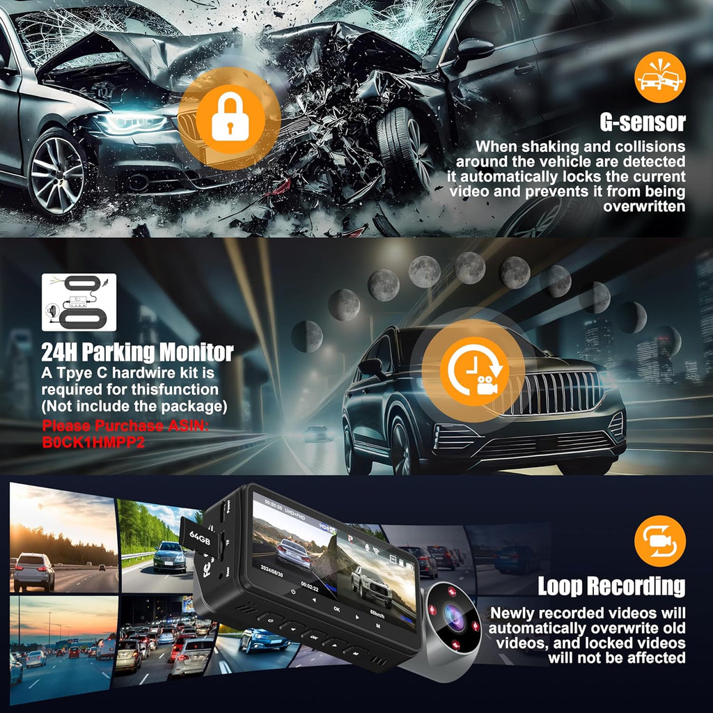 64GB Card 4K Dash Cam Front Rear Inside with GPS G82203