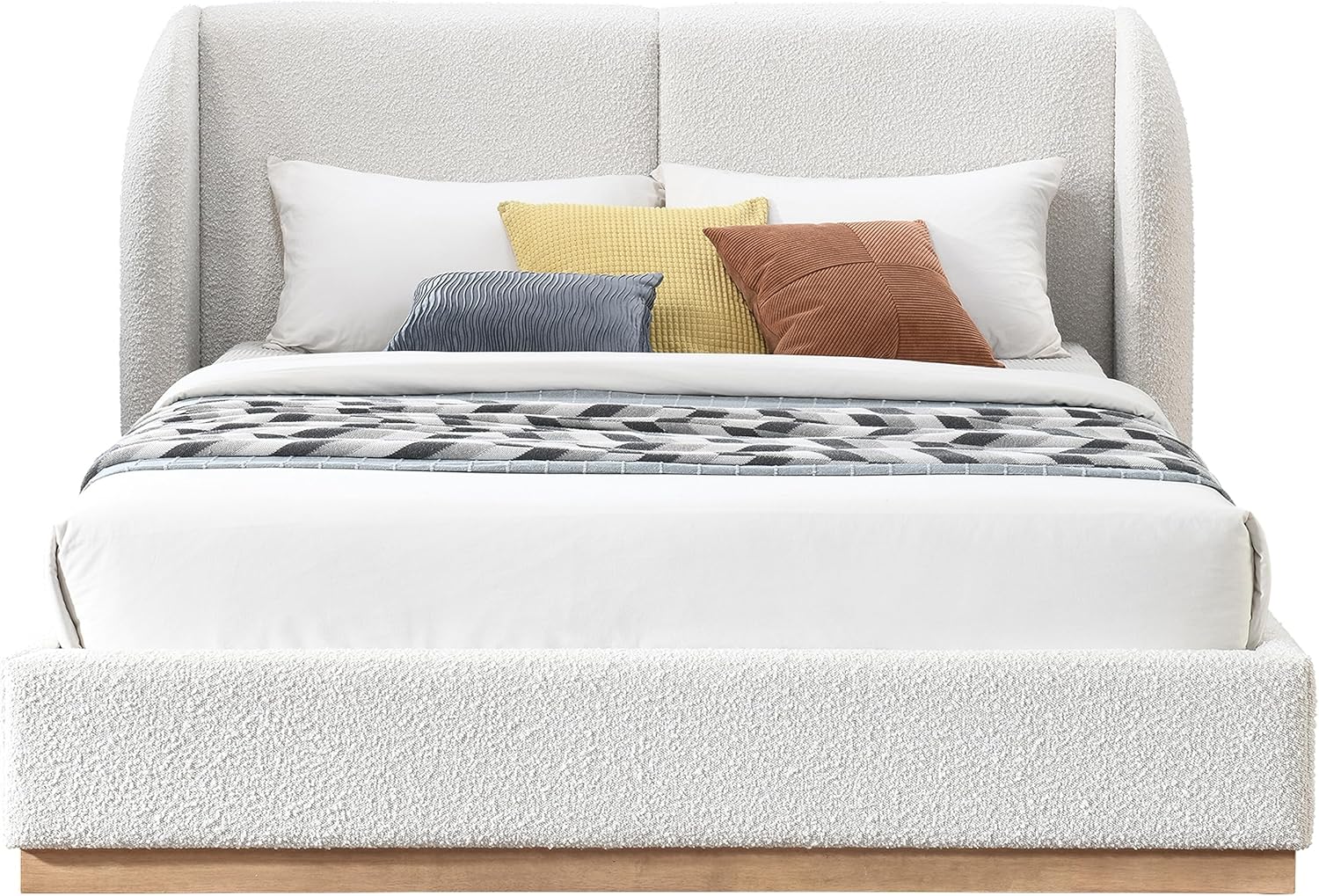 Full Rich Cream Boucle Fabric Solid Wood Wing Back Bed J85798
