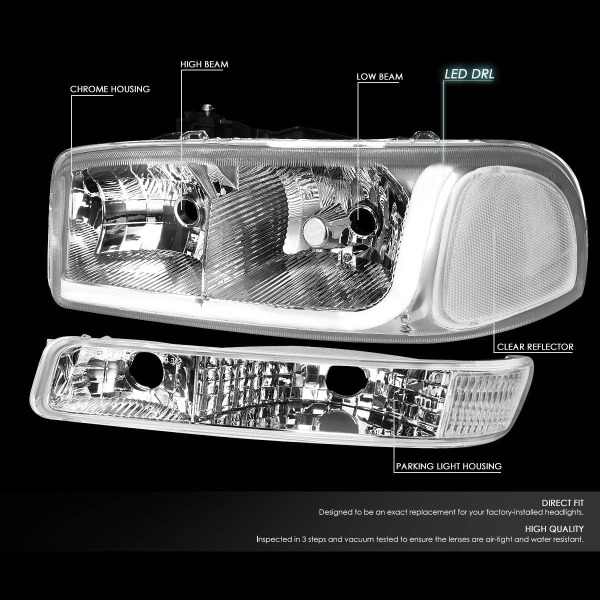 4PCs LED DRL Strip Headlight Bumper Lamp Chrome Clear M150269