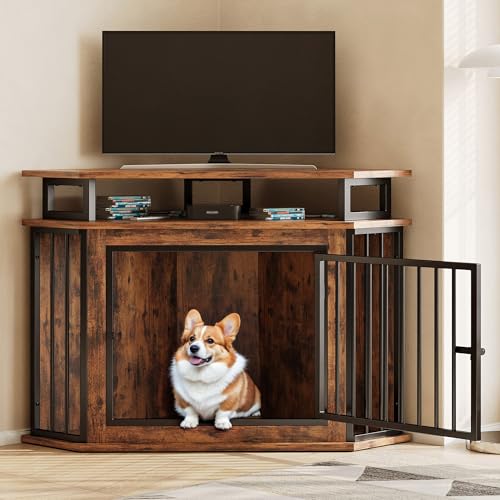 Rustic Brown Corner Wooden Dog Crate with 2-Tier Shelves O561
