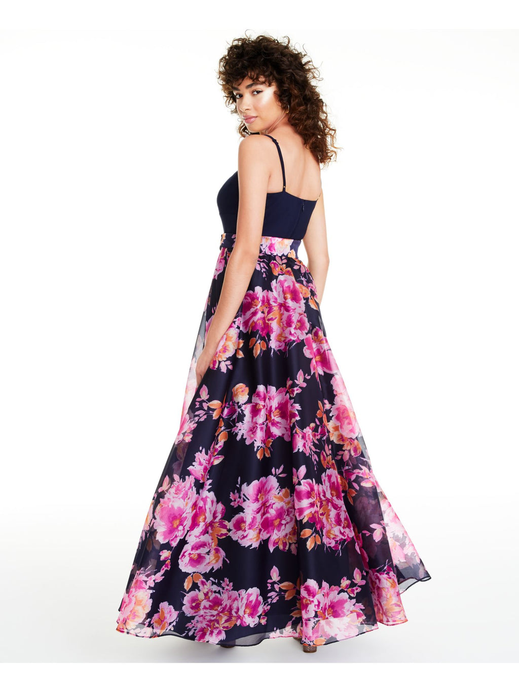 Navy Floral Spaghetti Strap V Neck Full-Length Fit + Flare Dress Z574
