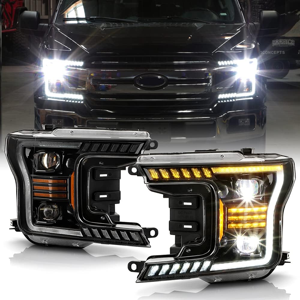 Black LED Tube Projector Headlights Set Left+Right H419