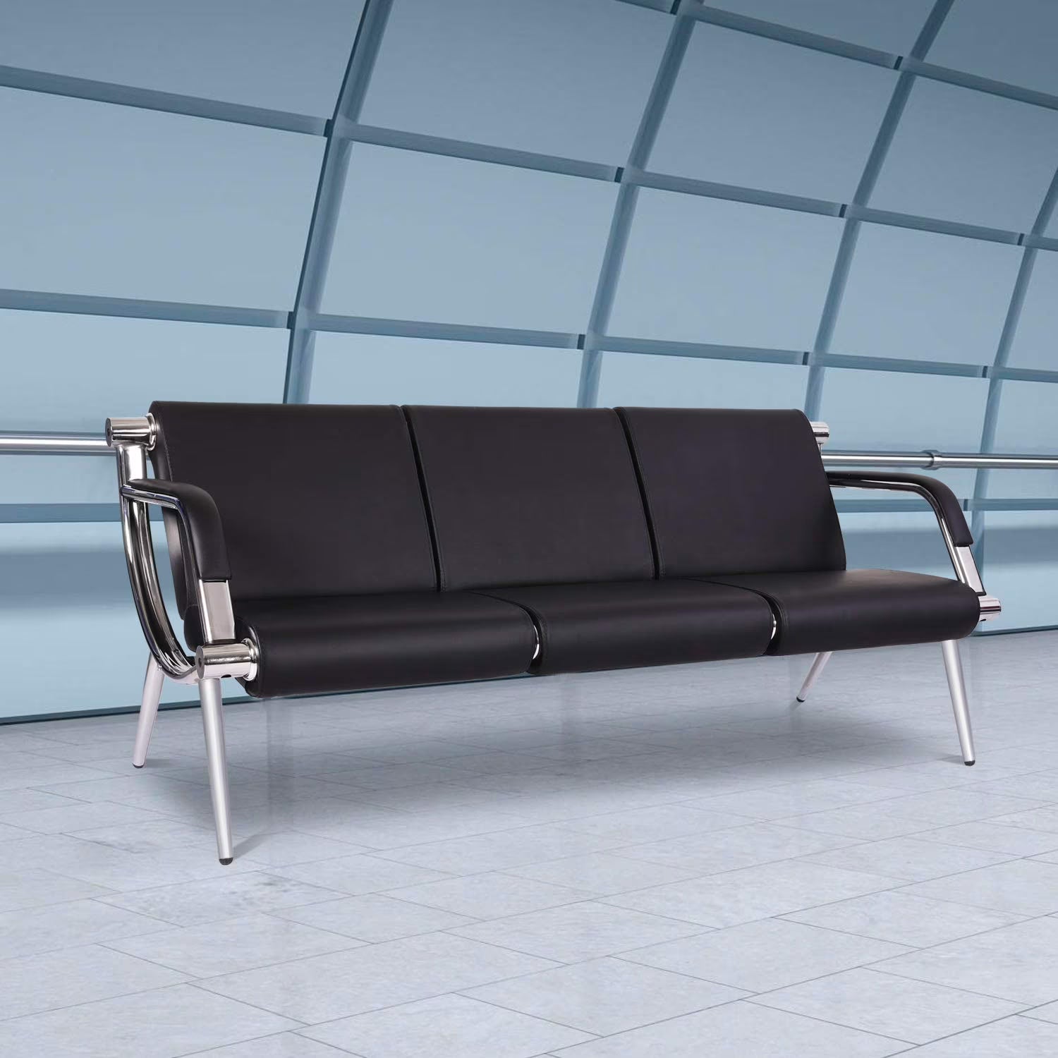 Black Steel Frame 3 Seats PU Leather Reception Bench A412