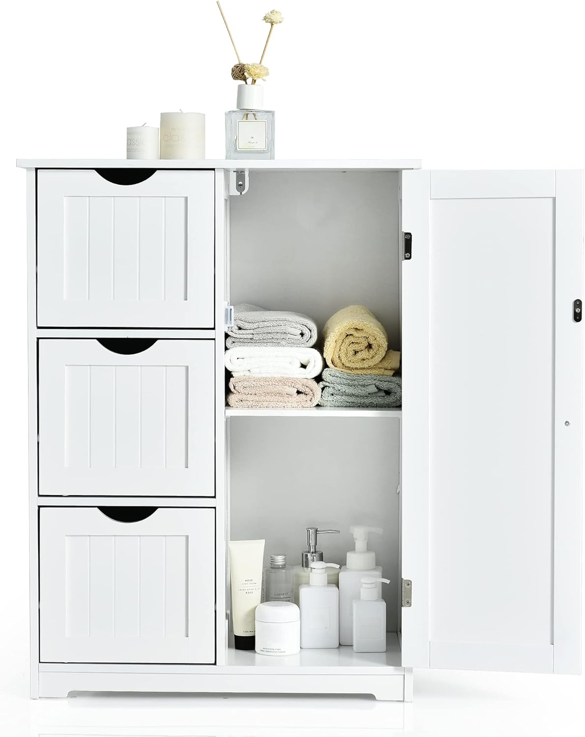 White Freestanding Bathroom Floor Cabinet with Adjustable Shelf and Three Drawers X48622
