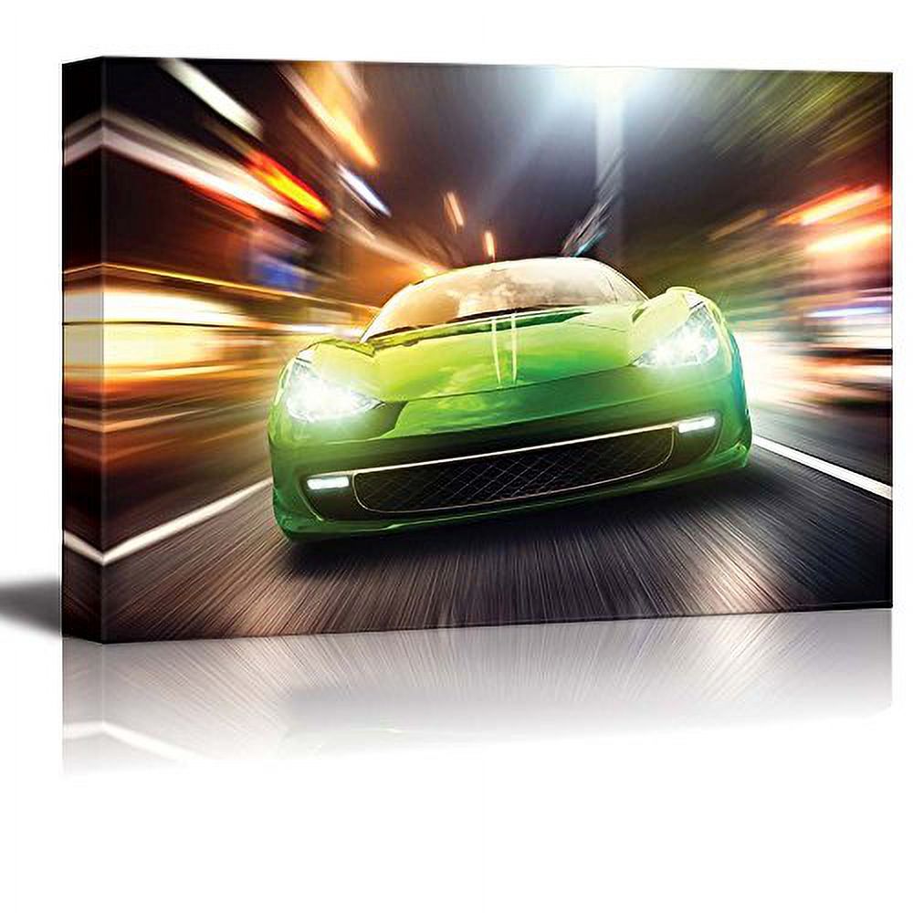 Canvas Prints Wall Art - Night Race/Green Racing Car, 12" x 18" U33059