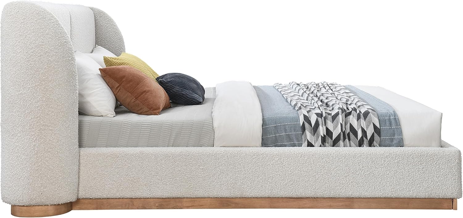 Full Rich Cream Boucle Fabric Solid Wood Wing Back Bed J85798