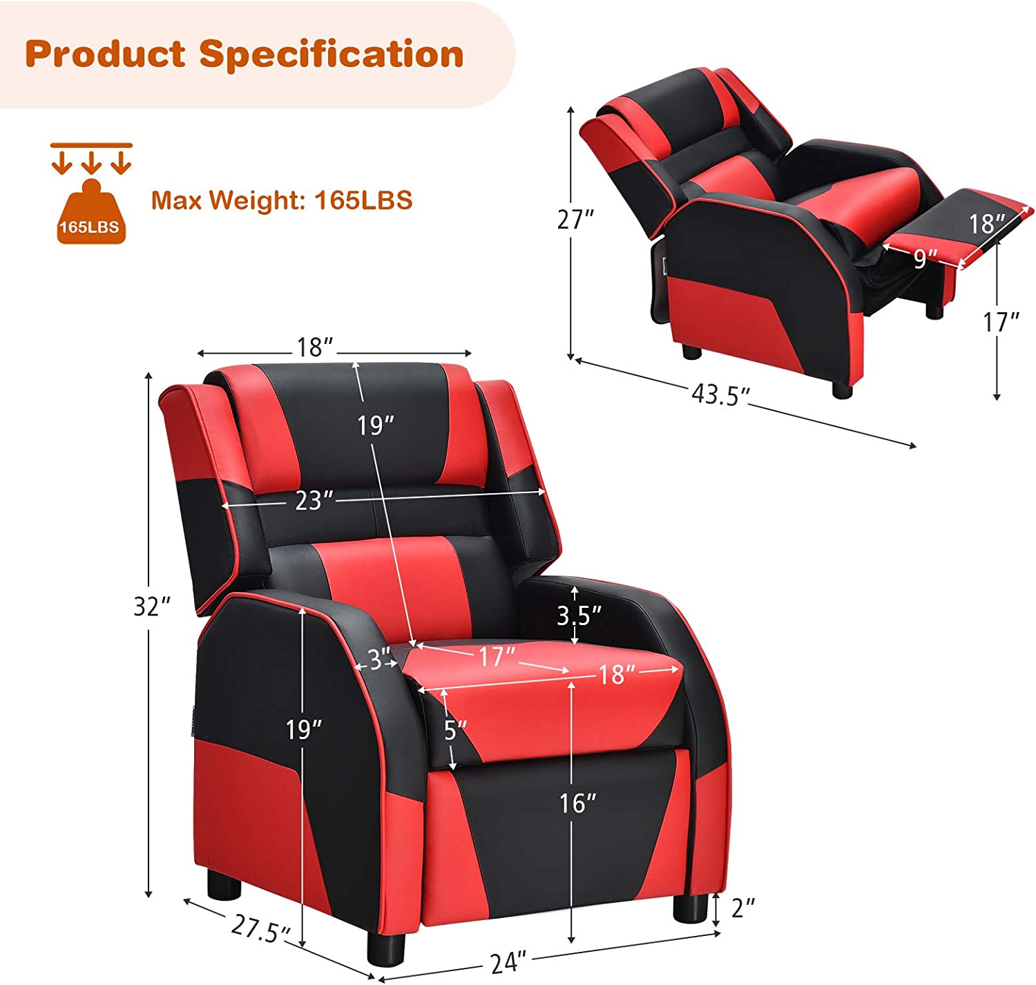 Red Ergonomic PU Leather Gaming Recliner Chair O83315