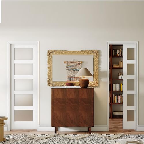 White Primed Double Sliding Pocket Door 60" x 80" with 5 Lites Tempered Frosted Glass Panels P949