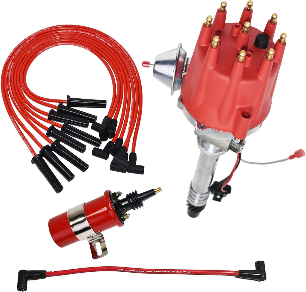 Red 8.0mm Spark Plug Wires & 45K Volt Coil Distributor W396