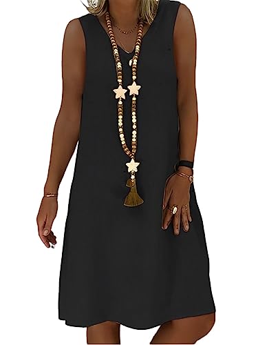 Women's Casual Summer Cotton Linen Midi Dress V Neck Sleeveless Shift Dress N8928