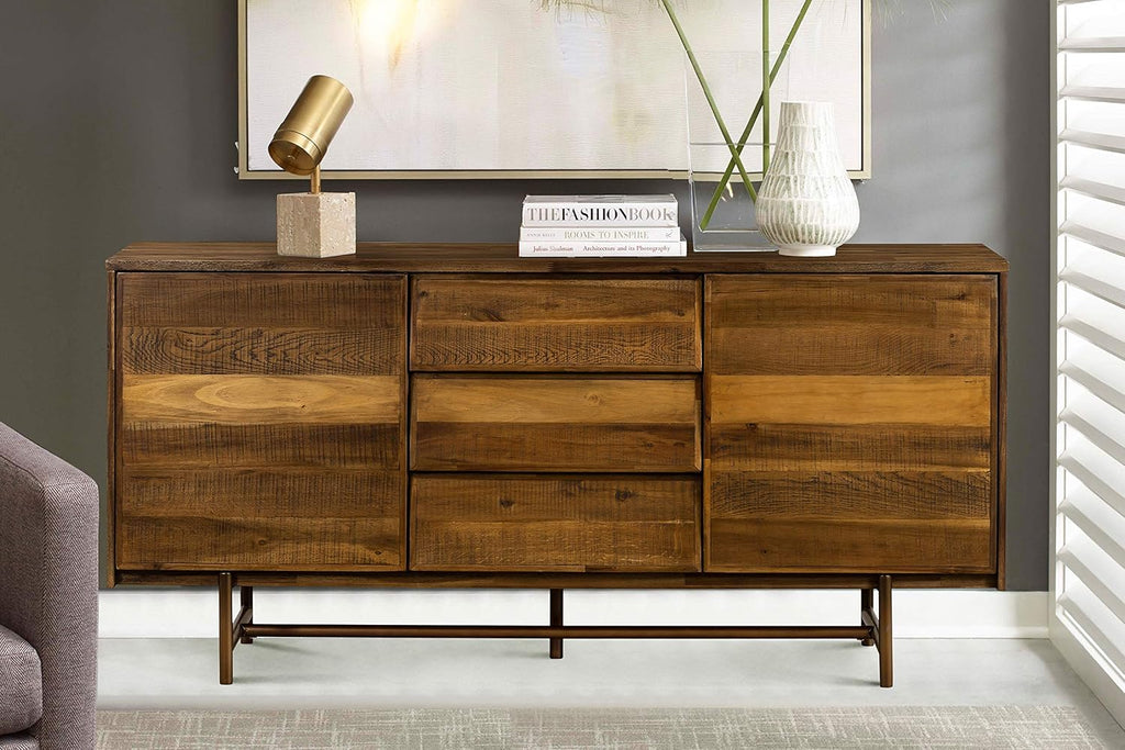 Mixed Wood Dining Buffet Cabinet Credenza Storage 62 Wide Matte Brass V52736
