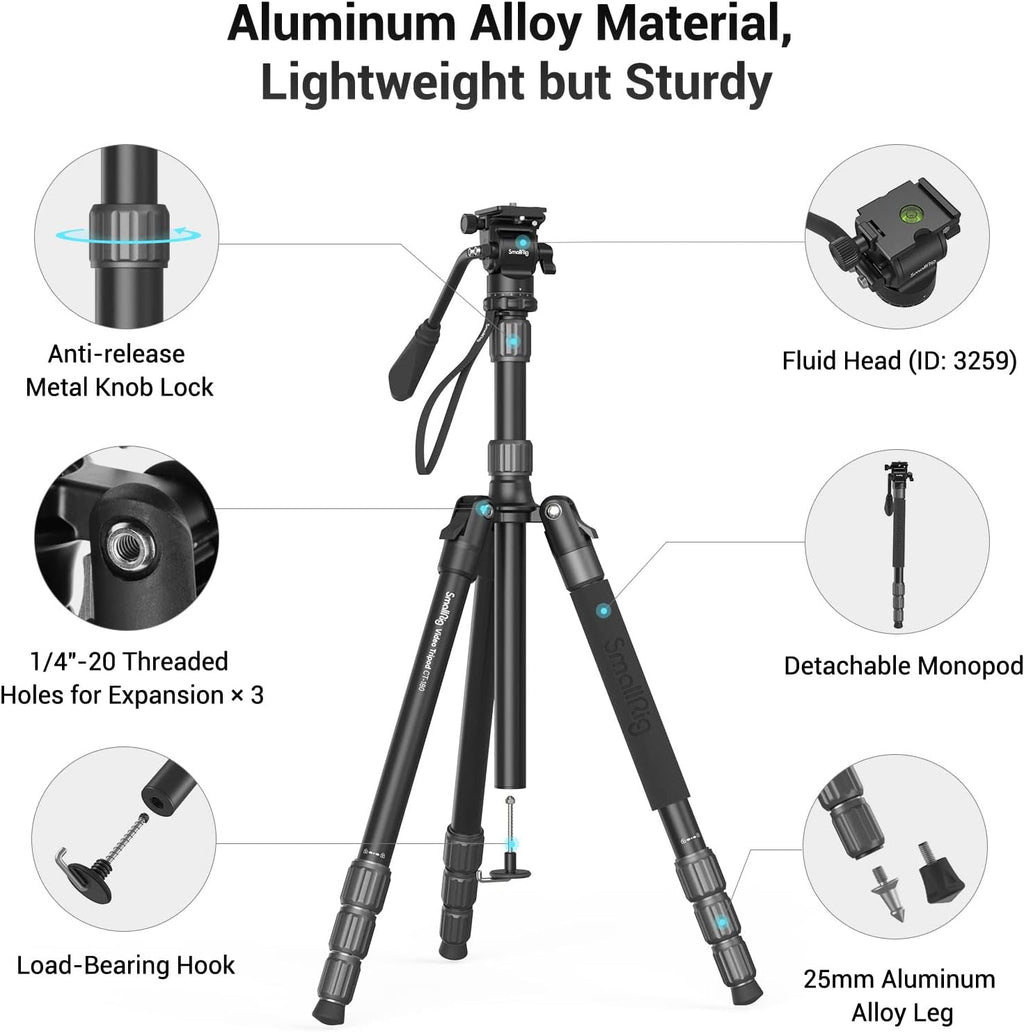 71 Video Tripod Monopod with Fluid Head, Aluminum Camera Tripod, Adjustable Height from 16.5 to 71 O10507