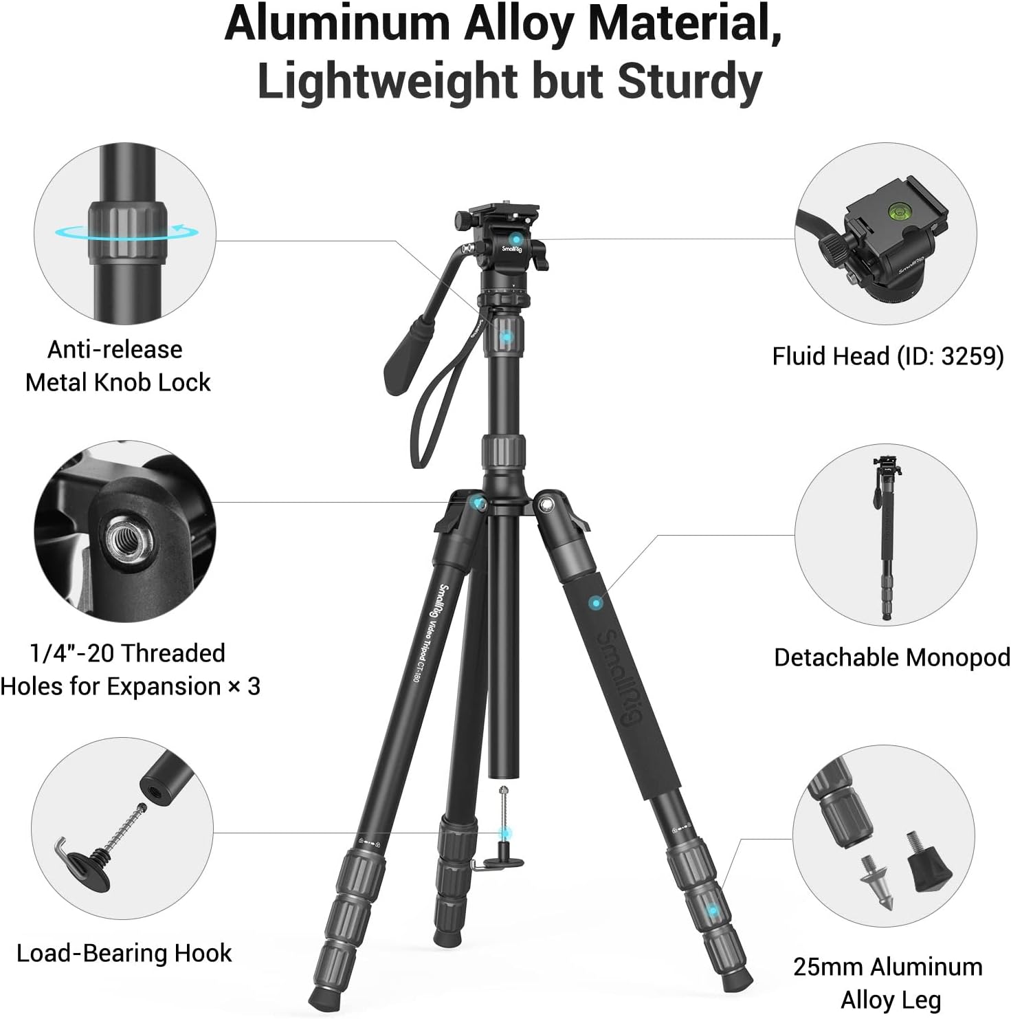 71 Video Tripod Monopod with Fluid Head, Aluminum Camera Tripod, Adjustable Height from 16.5 to 71 O10507