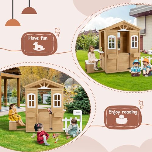 Wooden Playhouse with Window, Mailbox, Picnic Bench, Fenced, 39" x 38" x 55.5" N17992