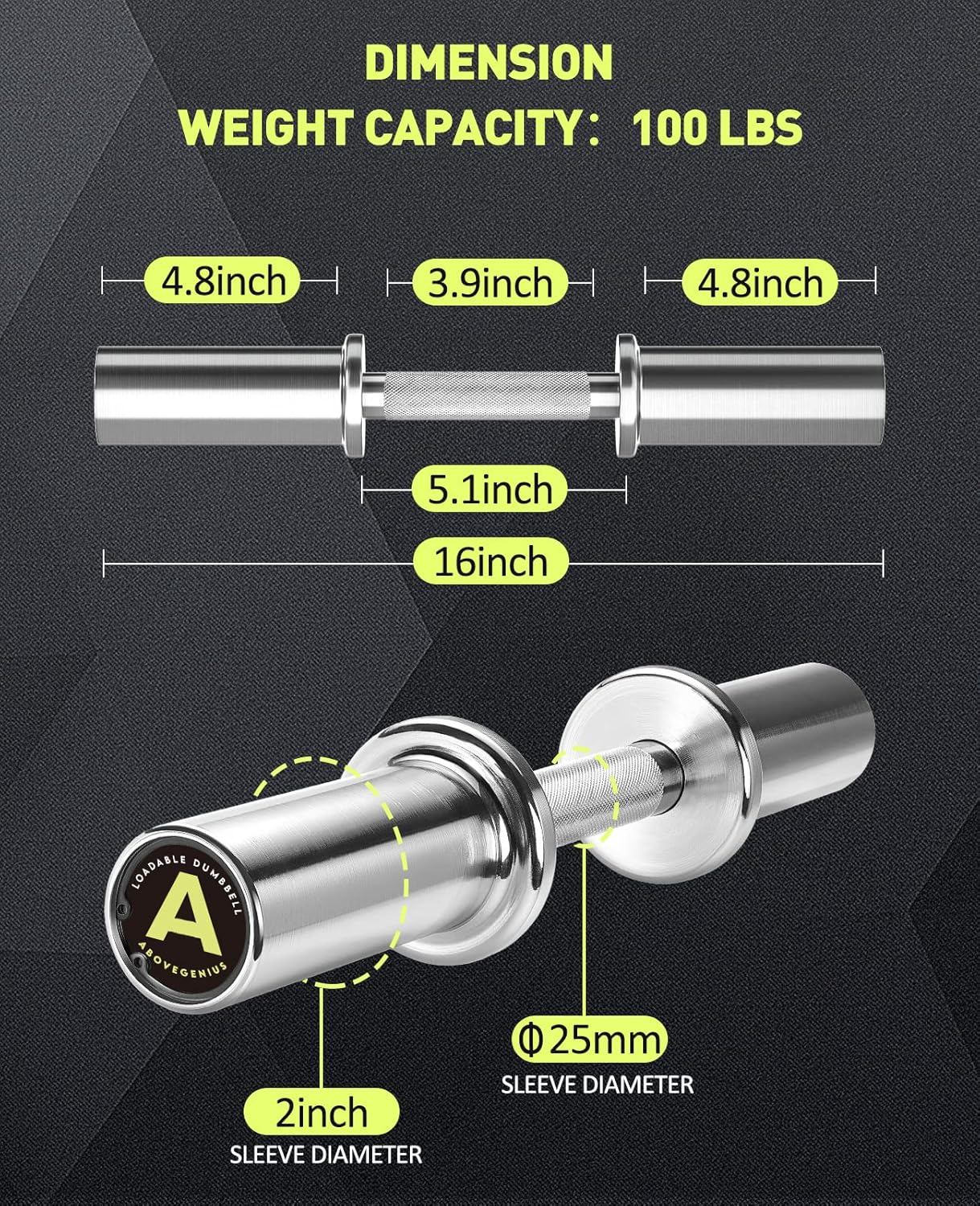 16" Olympic Dumbbell Handles Loadable Dumbbell Bars with 2 Pair of Spring Collars Y7595