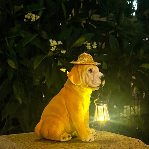 Resin Dog Statues with Straw Hat and Solar Led Lantern P543187