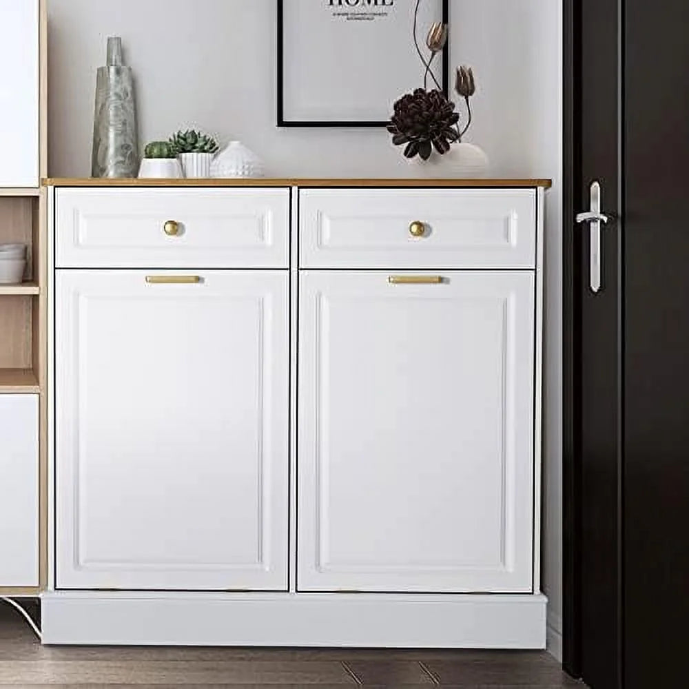 Double Barn Door Style Trash Cabinet with Solid Hideaway Drawer P685892
