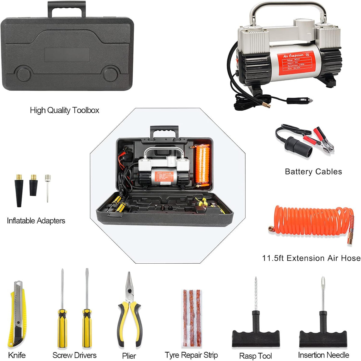Portable Dual Cylinder 12V DC Air Compressor with 11.5ft Air Hose and Tire Repair Kit, Pack of 2 Y136702