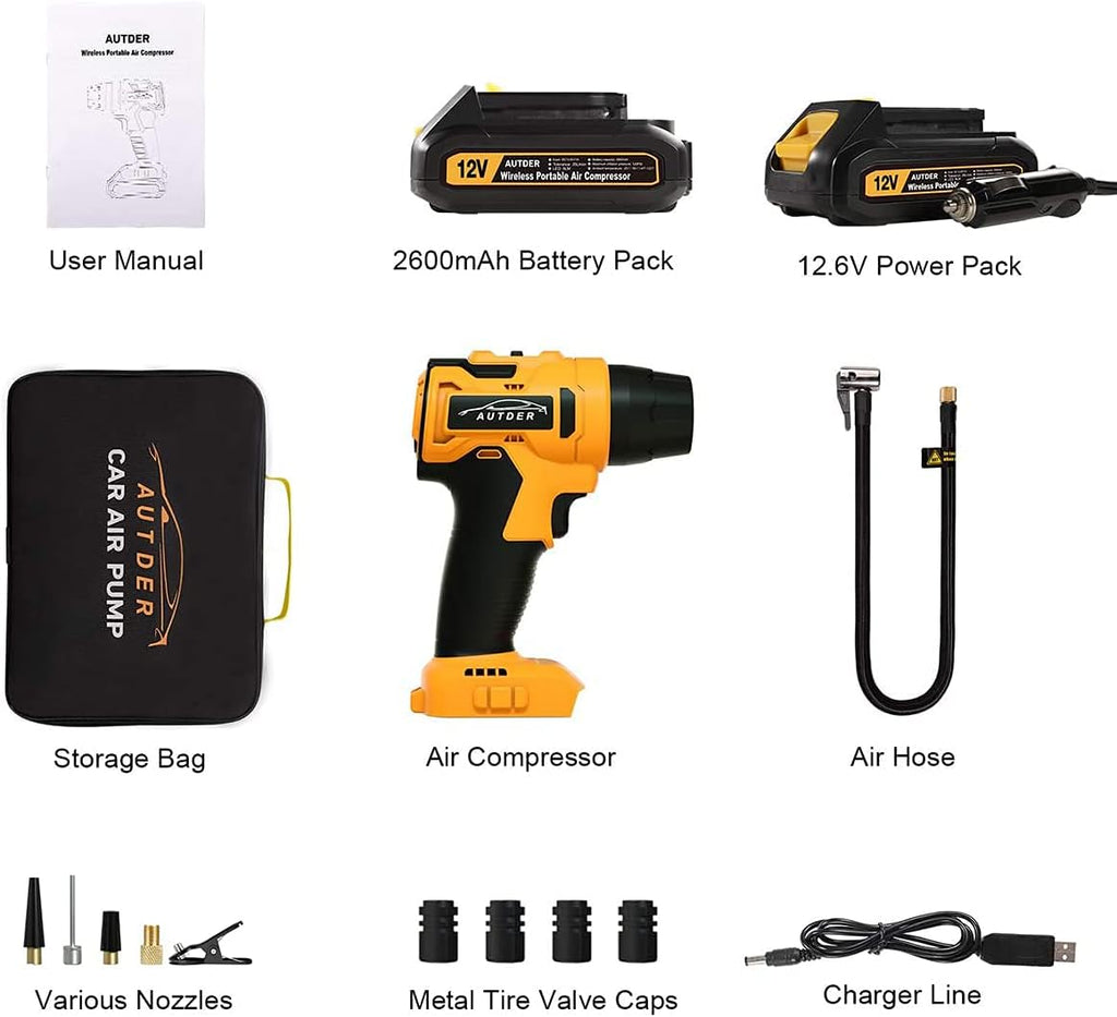 Tire Inflator Air Compressor, Portable Car Tire Pump with Digital Pressure Gauge, 12V 140 PSI Cordless Tire Air Pump with 2600mA Rechargeable Battery, Pack of 2 L21196