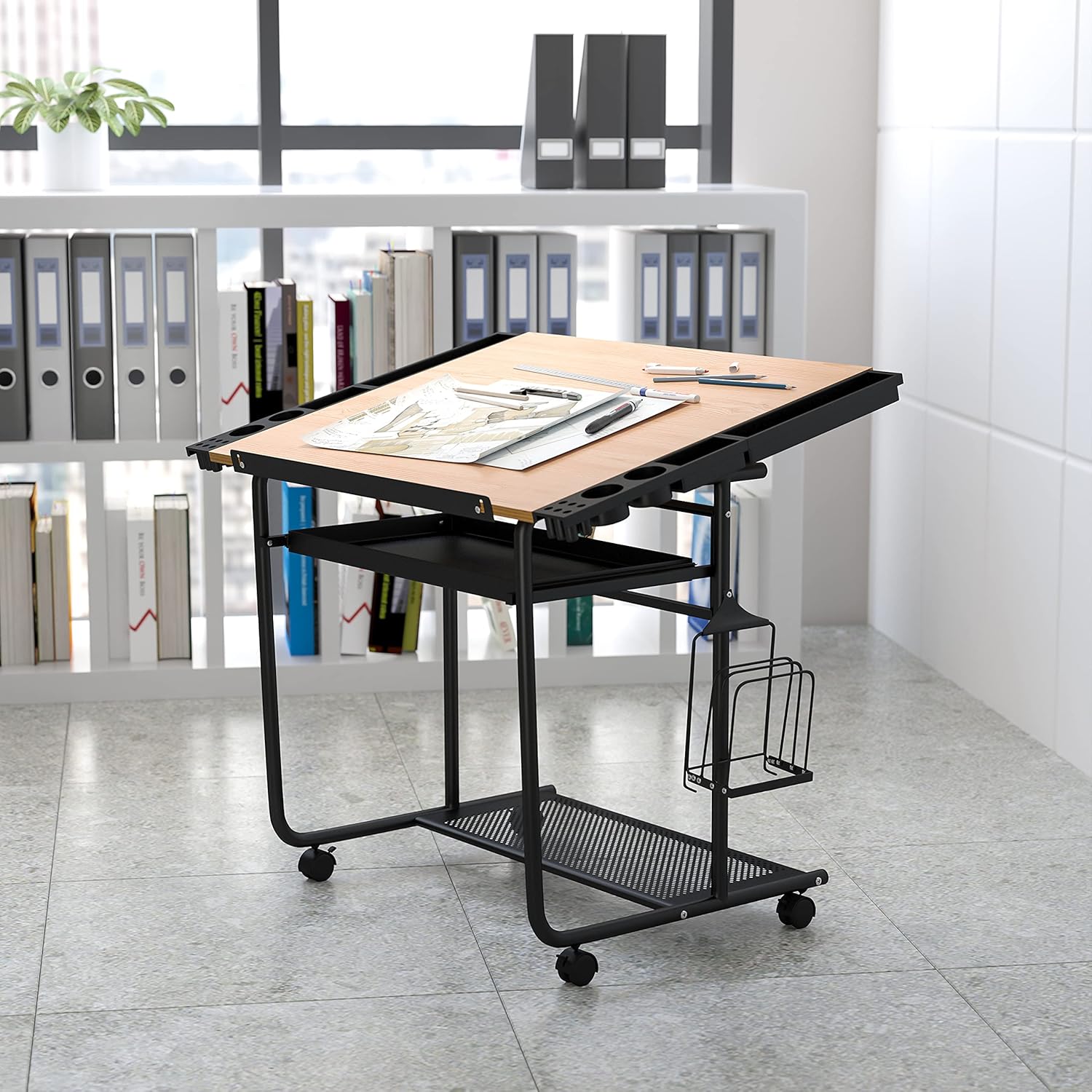 Adjustable Drawing and Drafting Table with Black Frame and Dual Wheel Casters U673962