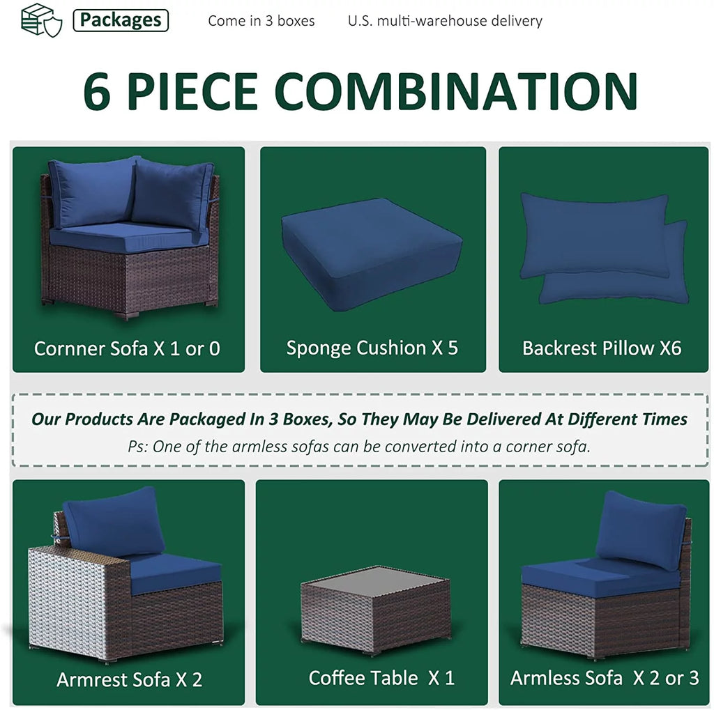 6 Pieces PE Wicker Outdoor Patio Sectional Sofa Set S11773