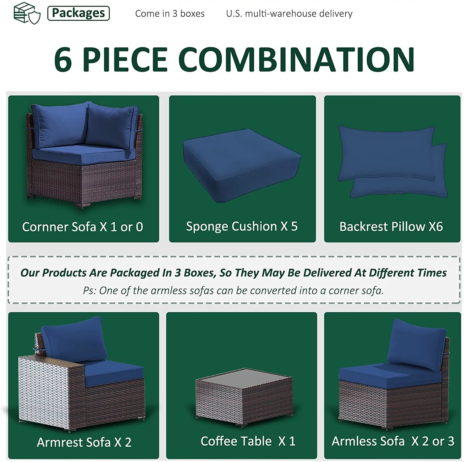 6 Pieces PE Wicker Outdoor Patio Sectional Sofa Set S11773
