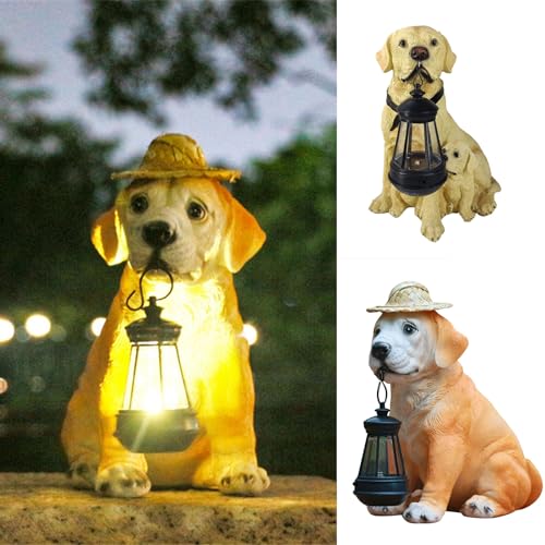 Resin Dog Statues with Straw Hat and Solar Led Lantern P543187