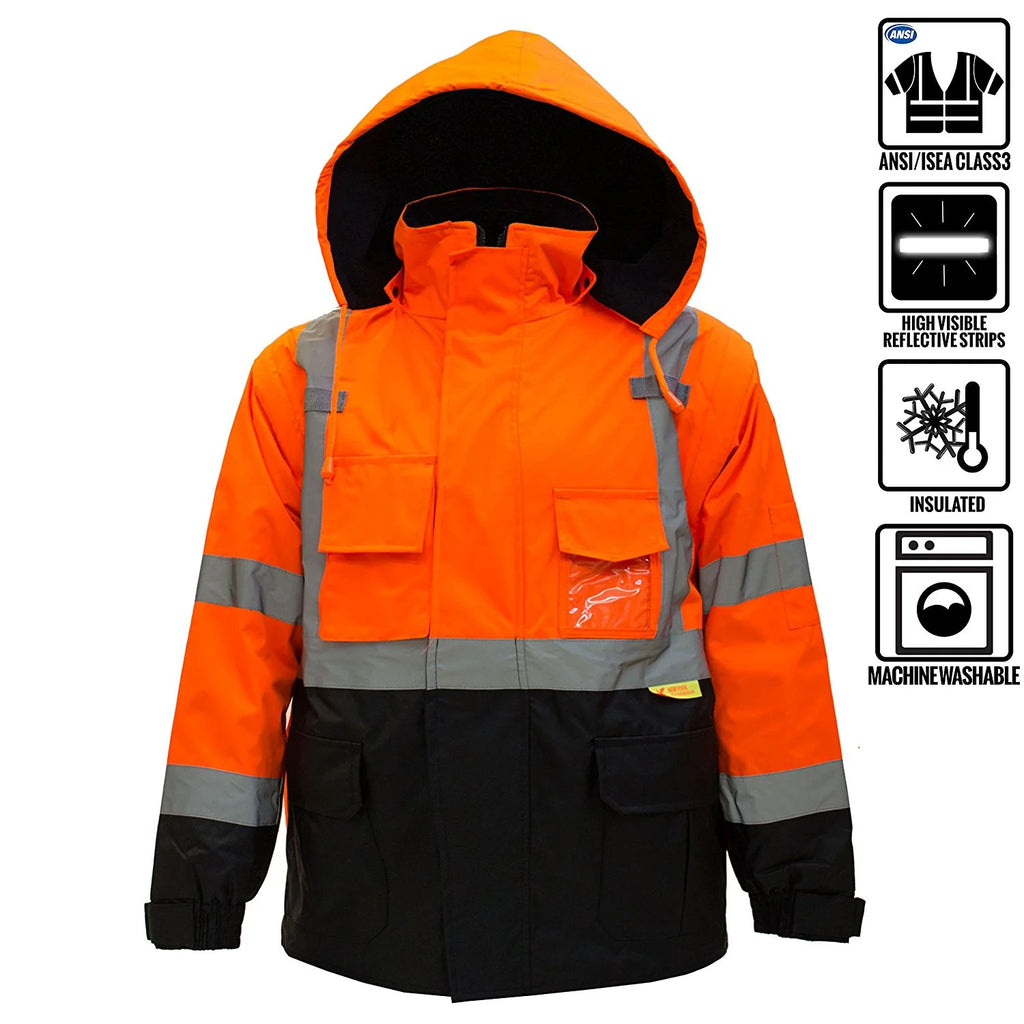 Men's High Visibility Safety Bomber Jacket With Zipper, PVC Pocket, Black Bottom, Orange R222937