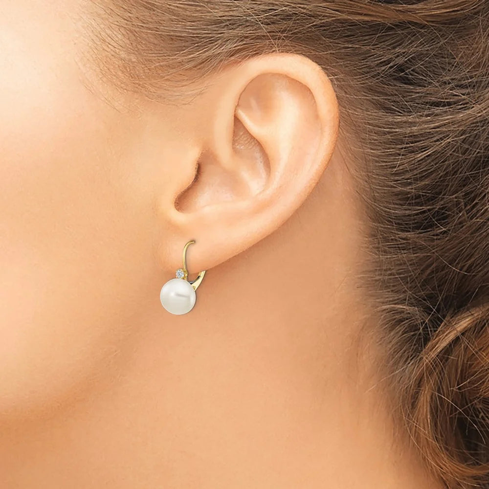 14k Gold White Freshwater Cultured Pearl Diamond Leverback Earrings W824844